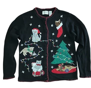 Vintage Weihnachtspullover Strickjacke Gr. Small verspielte Katzen Perlen und Schablonen  - Bild 1 von 6