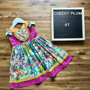 Cheeky Plum Stardust Floral Sleeveless Cotton Bib Dress Purple Yellow Green 5  - Picture 1 of 7