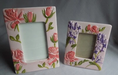 Frames Photo Picture 2 Pink Roses Purple Lilacs Ceramic Easel Back - Image 1 of 4