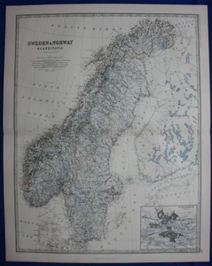 SWEDEN, NORWAY, SCANDINAVIA, STOCKHOLM, original antique map, Johnston, 1871 - Picture 1 of 3