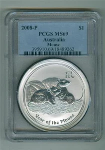 AUSTRALIA 2008 1 DOLLAR YEAR OF THE MOUSE 1 OZ.999 SILVER PCGS MS-69 GEM BU - Picture 1 of 2