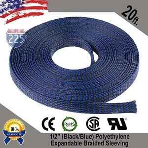 20 FT 1/2" Black Blue Expandable Wire Sleeving Sheathing Braided Loom Tubing US - Picture 1 of 2
