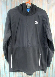 ADIDAS Black Gray 3 Stripes 2 Tone Sweatshirt Hoodie Slit Sides Zipper Pockets L - Picture 1 of 7