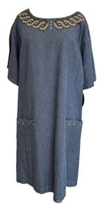 TIA Womens Shift Denim Dress 2X Studded Chambray Blue Casual Short Sleeve - Picture 1 of 8