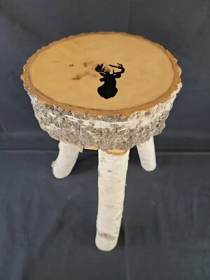 Handmade Real Birch Wood 3 Legged Stool Cabin Furniture Deer w Antlers Buck 18"H - Image 1 of 4