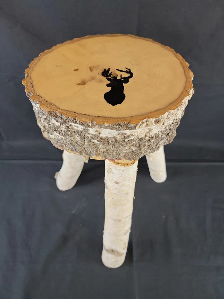 Handmade Real Birch Wood 3 Legged Stool Cabin Furniture Deer w Antlers Buck 18"H - Image 1 of 4