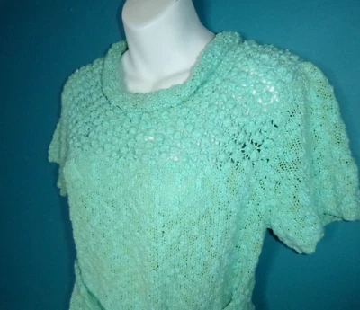 Vtg 60s 70s Hand Crochet Popcorn Knit Shift Dress Aqua Green W/ Belt Sz M/L - Image 1 of 4