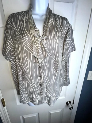 Vtg Talbots Woman Petites 20W Gray White Stripe Button Up Blouse Top 20P Tie Bow - Image 1 of 4