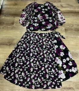 Calvin Klein Women’s 2X Blouse & 16W Faux Wrap Floral Midi Skirt Black/Pink - Picture 1 of 7