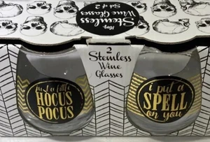 Halloween Stemless Wine Glasses Gold Foil Look New Set Of 2 12oz - Picture 1 of 7