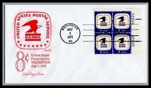 US FDC # 1396 8c Postal Service Emblem block + # Artmaster 32924 UR 1971, 9L951 - Picture 1 of 1