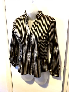 Women Petite  2P ALFANI Button Long Sleeve Shirt Blouse Nehru  Black/Tan  Stripe - Picture 1 of 15