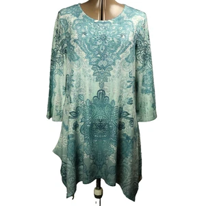 Indigo Soul Floral Artsy-Sharkbite-Hem Dress/Tunic Top Rhinestones 3/4 Sleeve S - Picture 1 of 23