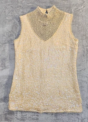 60s Beaded Wool Shell Top • Pearl Beaded Collar • Aurora Borealis Sequins Sz 38 - Image 1 of 4