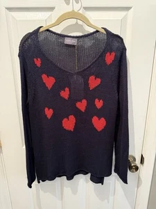 WOODEN SHIPS Size X/S V-Neck Sweater Print Blue Red Heart Paola Buendia NWT - Picture 1 of 9