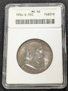 1954 S Franklin Silver Half Dollar ~ Seifendose ANACS MS66 ~ Toning 50c - Bild 1 von 7