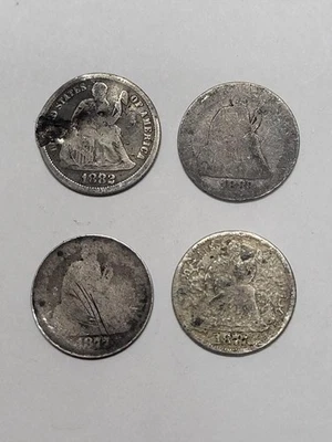 FOUR Seated Dimes CHEAP !!  1877, 1883, 1882, 1877 CHEAP !!! - Image 1 of 4
