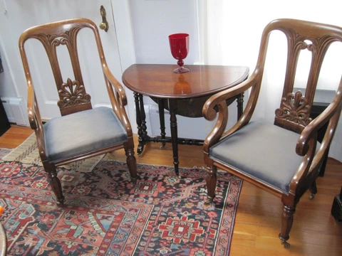 Pair Antique English Walnut Library Armchairs New Upholstery Brass Casters c1870 Cover