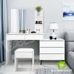 Dressing Table Stool Set Mirror Vanity Makeup Jewellery Cabinet 5 Drawers White - Picture 1 of 12
