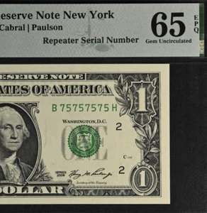 Billete de 1 dólar de la Reserva Federal 2006 PMG 65EPQ cumpleaños elegante súper repetidor 757575 - Imagen 1 de 3