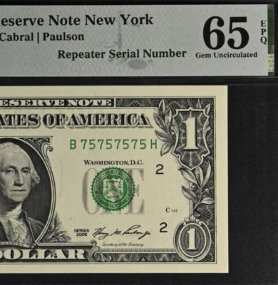 2006 $1 Federal Reserve Note PMG 65EPQ birthday fancy super repeater 75757575 - Image 1 of 3