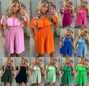 Women Off Shoulder Bardot Elastic Waist Playsuit Summer Holiday Party Mini Dress - Picture 1 of 19