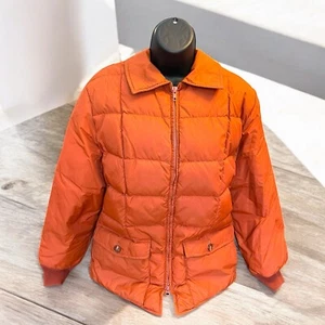 Vintage Women’s Eddie Bauer Orange Quilted Puffer Jacket Goose Down Coat USA Lg - Picture 1 of 13