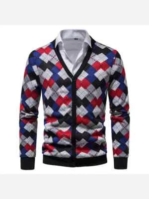 Suéter Pulóver Hombre Cárdigan Rojo Azul Slim Fit Cuello Redondo 22552 - Imagen 1 de 2