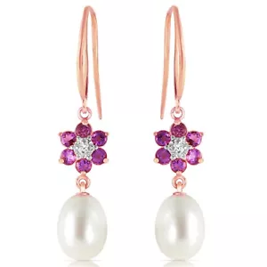 14K. FISH HOOK EARRINGS W/ DIAMONDS, AMETHYST & PEARLS (Rose Gold) - Picture 1 of 5