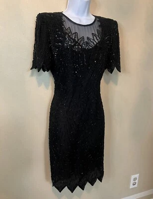 Vintage DENISE ELLE 100% Silk Rare2Find Y2K Black Fully Beaded heath Dress SP - Image 1 of 4