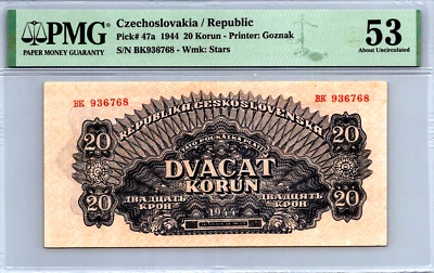 Czechoslovakia 20 Korun 1944 Pick# 47a PMG 53 AU - Image 1 of 4