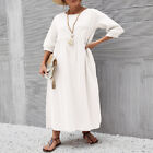 Women Long Dresses Sundress Beachwear Cotton Linen Summer Solid Color Simple ?