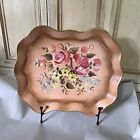 Vntg Large Handpainted Rustic 17"x14" Metal Tray Peach Antique Pink Shabby Chic