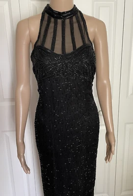 Vtg Stenay 10 Black Silk Beaded Formal Back Slit Long Halter Sleeveless Dress - Image 1 of 4