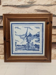 Framed Blue & White Completed Cross Stitch Art Windmill - Picture 1 of 5