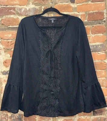 Blusa de malha August seda XL renda preta enfeitada manga sino trabalho casual boho - Imagem 1 de 4