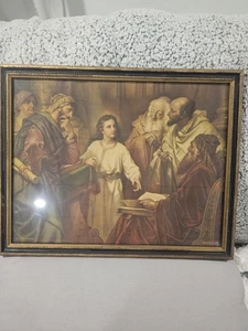 Hoffmann Vintage / Antik Christus im Tempel Lehre Holzrahmen Druck / Gemälde - Bild 1 von 6