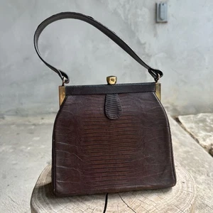 Vintage Brown 1950s Alligator Purse, Handbag W/ Brass Geometric Kiss Lock Detail - Picture 1 of 17