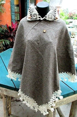 Мексиканская шерсть пончо ручной работы сплетенный бахромой пуловер женщина серый размер M L - Изображение 1 из 4