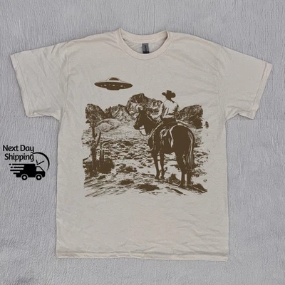 Western Cowboy UFO Alien Vintage 90s Distressed Washed Unisex Tee - Image 1 of 4