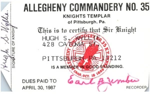 Freimaurer Mitgliedskarte Pittsburgh 1987 - Bild 1 von 2