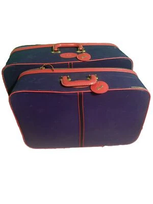 Par de maletas vintage Lark azul marino lona rojo ribete bolsas de fin de semana Foto 1 de 4