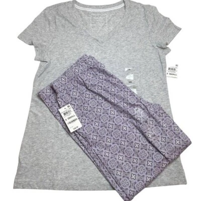 Camisa de pijama Charter Club Everyday tejida de algodón en gris y pantalones de pijama púrpura XS Foto 1 de 4
