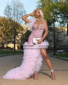 Vestidos de graduación de sirena rosa para niña negra de lujo con cuentas de cristal batas de soirée - Imagen 1 de 5