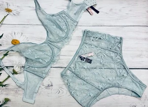 Victoria's Secret Luxe Lingerie Full Coverage Plunge Bra High Waist Set Blue  - Picture 1 of 5