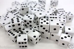 WHOLESALE LOT 200 WHITE DICE 6 SIDED BULK PACK D6 DIE GAME SIX 5/8"16mm RESALE