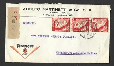 PERU 1938 U.S. ADVERTISING FIRESTONE TIRES REGISTERED FROM AGENT ADOLFO - Image 1 of 2