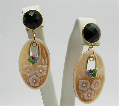 Pendientes Oro Amarillo 18Kt Ónix Camafeos Sardónico Zaff. Rub.smeraldi. Oght - Imagen 1 de 3