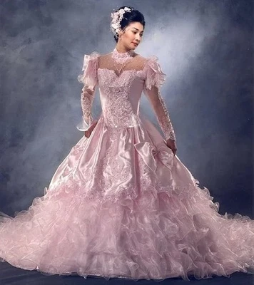 Vestidos de novia vintage de princesa rosa de los años 80 hadas hinchadas manga larga volantes Foto 1 de 4