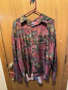 Camisa de vestir grande vintage one 800 estampada manga larga 100% seda abotonada - Imagen 1 de 3